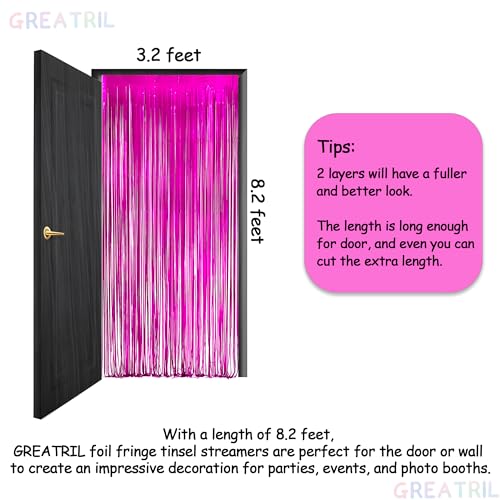 Hot Pink Party Streamers Backdrop - GREATRIL Shiny Fuchsia Tinsel Foil Fringe Curtain for Birthday/Flamingo/Fancy/Galentine/Breast Cancer Awareness Decorations - 3.2ft X 8.2ft - 2 Packs - color: Hot Pink