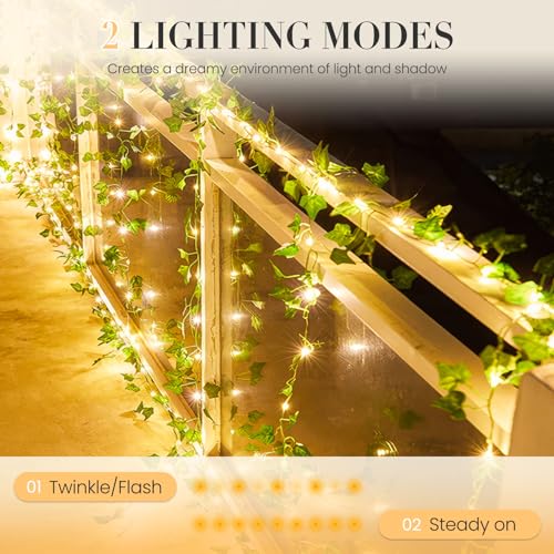 KASZOO 2 Pack 6.56 Ft Vine with Fairy Lights, 80LEDS Battery/USB Operated, Vine String Lights, Ivy Garlands with Fairy Lights for Bedroom Party Wall Room Hanging Decor - color: IVY-USB/Battery Powered-80 LED-Copper Wire