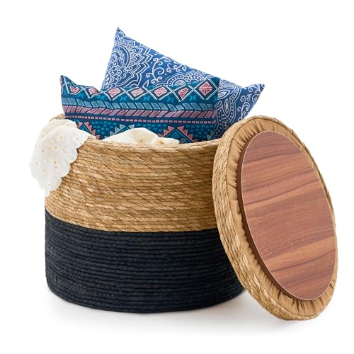 Wimarsbon 18'' Ottoman Pouf, Natural Braided Poof, Rustic Handweave Lounge Pouffe, Boho Footrest Stool for Bedroom, Accent Table for Living Room (Storage - 18inch Cattail+Black Corn Husk L) - color: Storage - 18inch Cattail+black Corn Husk L