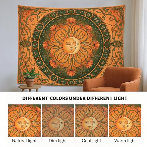 Water Lily and Sun Orange Green Tapestry, Floral Mandala Bohemian Decorative Wall Hanging, Aesthetic Tapestries for Living Room, Bedroom, Meditation 80x60 Inch - size: 80x60 Inch