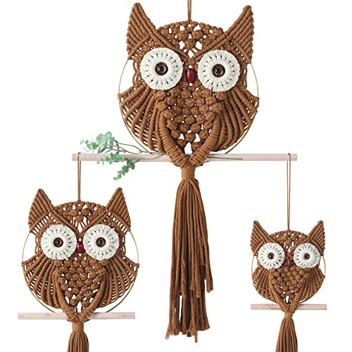 MVSUTA Owl Brown Cotton Handmade Macrame Wall Hanging Tapestry Home Decor Art and Cream Craft Wonderful Decoration Woven Beige Boho Ornament for Office Bedroom Apartment Living Room Nursery - color: Brown, size: 3pcs set:1pc L & 1pc M & 1pc S