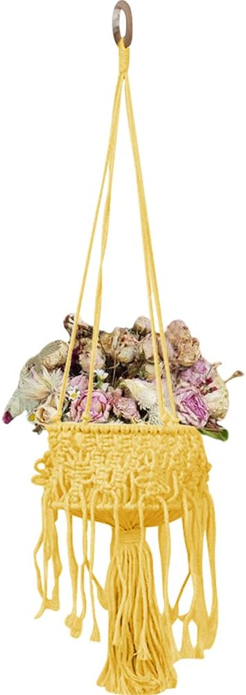 Macrame Plant Hangers with Tassels Indoor Hanging Planters Basket Handmade Cotton Rope Flower Pots Holder Stand Boho Home Decor Outdoor Decorations Round Yellow