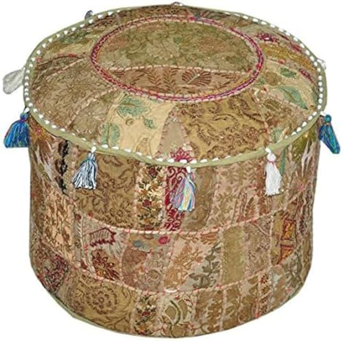 Indian Pouf Footstool Ethnic Embroidered Pouf Cover, India Cotton Round Pouffe Ottoman Pouf Cover Pillow Ethnic Decor Art-Cover Only-Indian Ottoman poufs - color: Dark Beige, size: 22"D x 22"W x 14"H
