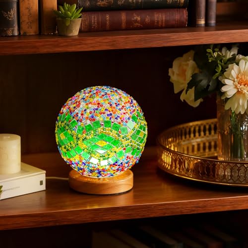 Vintage Mosaic Table Lamp Colorful Turkish Night Light USB Power Spherical Glass Lights for Holiday Party Romantic Date Ethnic Home Furnishings Decor(Baroque A - Green, Baroque) - style: Baroque A Green