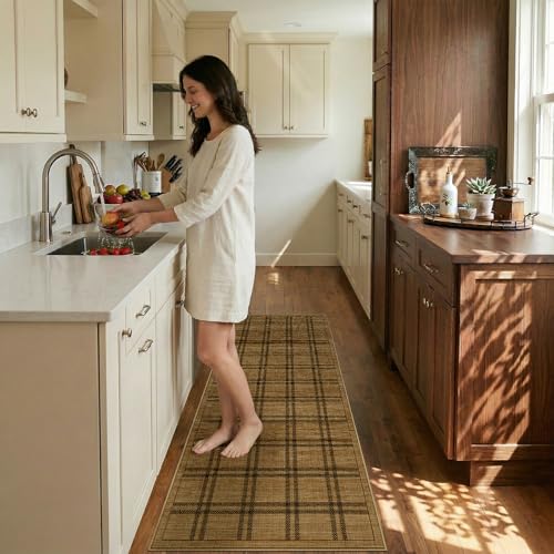 Jute 2x6 Kitchen Runner Rug: Washable Non Slip Hallway Rugs with Rubber Backing Pet-Friendly Carpets Stain Resistant Runners for Laundry Entryway Bedroom Decor Brown Plaid - color: Brown Plaid, size: 2' x 6' (Rectangular)