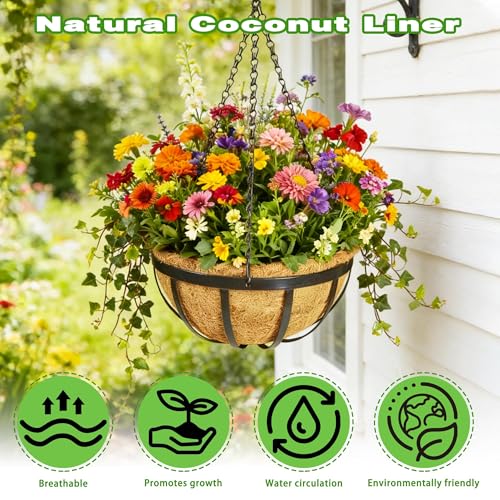 2 Pack 12 Inch Black Metal Hanging Basket Hanging Planter with Coco Coir Liner Heavy Duty Hanging Flower Pot Holder for Indoor Outdoor Patio Garden Porch Balcony Decor (Flat Iron) - color: Flat Iron