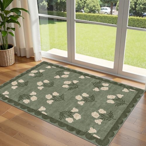 3x5 Floral Entry Rug - Small Washable Indoor Outdoor Mats for Front Door Non-Slip Spring Porch Rug Sage Green Farmhouse Throw Rugs for Living Room Bedroom Entryway Kitchen Office Porch Decor - color: Flower - Green, size: 3' x 5' (Rectangular)