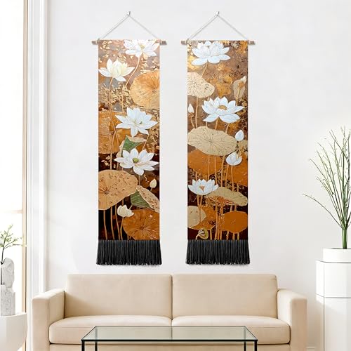 seewan 2 Pack Long Vertical Wall Tapestry, Boho Nature Landscape & Floral Aesthetic Wall Hanging for Bedroom Living Room Home Decor, Long Narrow Art Tapestry with Sunrise Mountain Botanical Designs, 13" × 51" (Autumn Leaf Pattern, 13"Wx51"H, Unframed) - c