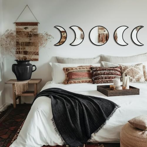 5-Piece Black Acrylic Moon Phase Wall Mirror Set - Shatterproof Safety Design, Easy Stick-On Installation, Boho Celestial Decor for Bedroom Living Room - color: Black