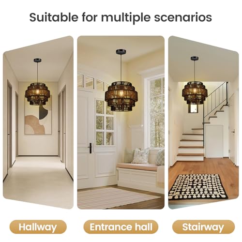 BoostArea Boho Rattan Chandelier Light,5-Tier Hand Woven Lampshade Ceiling Pendant Light Fixture,13” Farmhouse Chandelier Hanging Light for Living Room,Kitchen Island,Bedroom,Adjustable Cord,Black - color: Black