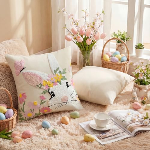 AVOIN colorlife Easter Spring Rabbit Floral Embroidered Throw Pillow Covers, 18 x 18 Inch Butterfly Bunny Tufted Patterned Linen Decoration Cushion Case for Sofa Couch Set of 2 - size: 18" x 18" (Pack of 2)