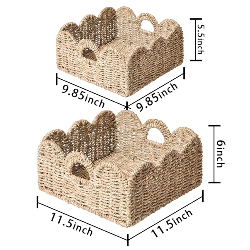 Scalloped Basket 2 Pack Wicker & Rattan Storage with Built-in Handles, Decorative Woven Seagrass Basket for Nursery & Bathroom Organization