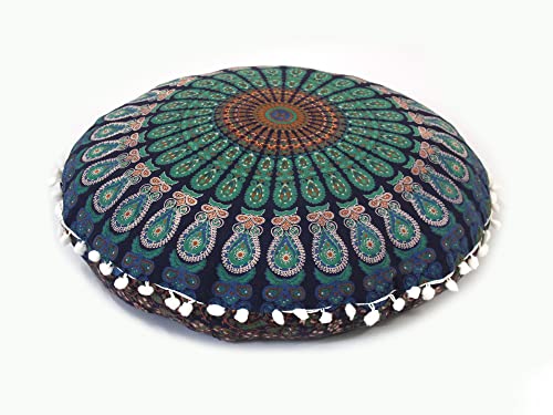 CRAFT KALA Mandala Floor Pillow Cushion Cover Seating Throw Cover Hippie Decorative Bohemian Ottoman Poufs Pom Pom Pillow Cases Boho Indian Cotton Living Room Yoga Home Décor (24" Round, Blue Mirchi) - color: Blue Mirchi, size: 24" x 24" (Pack of 1)
