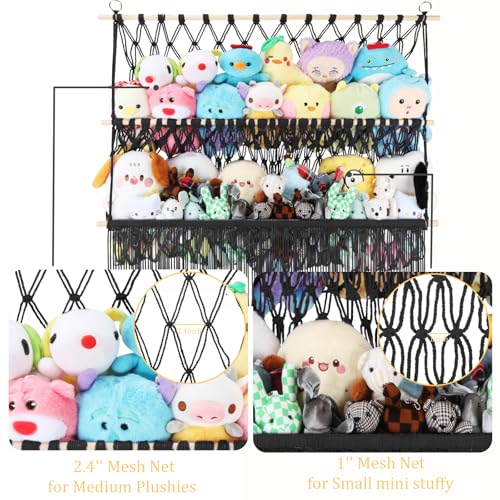 2 Tier Stuffed Animal Storage Shelf Net, 35x30'' Large Plushie Net w/ 2.4/1'' Dense Mesh for Mini Medium Stuffy Teddy, Black Boho Macrame Toy Holder Display w/ Lights&Clips for Nursery Kid Girl Boy - color: Black, size: Large-2 Tier-35x30 Inch