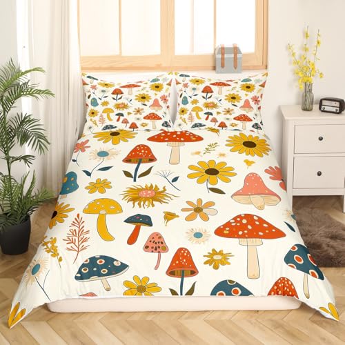 Castle Fairy Retro Mushroom Flowers Duvet Cover Set King Size,70s 60s Groovy Comforter with 2 Pillowcases,Vintage Boho Plant Floral Modern Bedding for Adult Young Bedroom Xmas Gift - color: Multi 07, size: King 104"x90"
