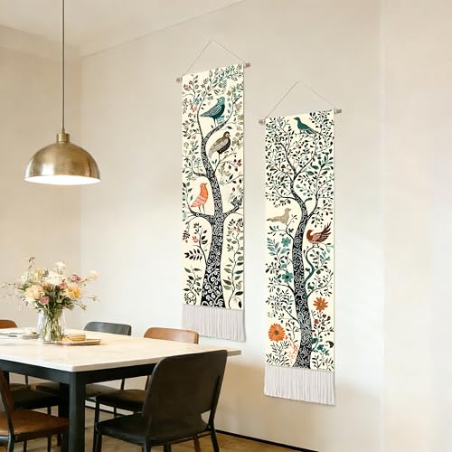 seewan 2 Pack Long Vertical Wall Tapestry, Boho Nature Landscape & Floral Aesthetic Wall Hanging for Bedroom Living Room Home Decor, Long Narrow Art Tapestry with Sunrise Mountain Botanical Designs, 13" × 51" (Art Nouveau Tree, 13"Wx51"H, Unframed) - colo