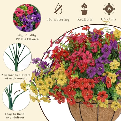 Senjie 12 Bundles Artificial Hanging Flowers with Basket for Outdoor Decor, UV Resistant Faux Flowers Fake Hanging Planter for Porch Patio Balcony - color: Mix 4 Color