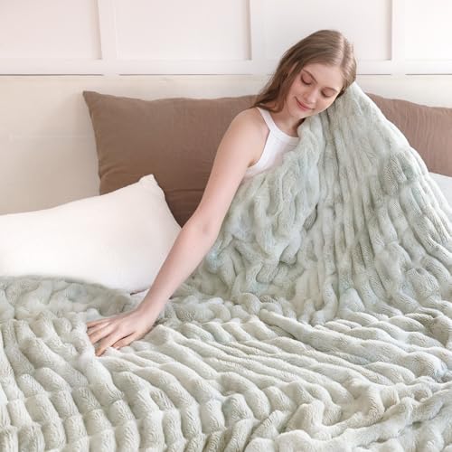 Faux Rabbit Fur Throw Blanket, Ultra Soft Plush Cozy Blanket for Couch Bed, Thick Fluffy Ruched Tie-Dye Decorative Blanket, Giftable,60"x80",Tie-Dye Cream Beige - color: Tie-dye Cream Beige, size: Twin(60"x80")