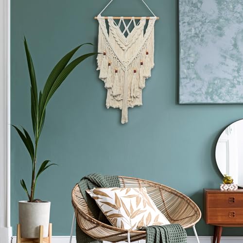 JONKASIPA Macrame Woven Wall Hanging, Bohemian Wall Decor Chic Woven Tapestry Handmade Crafts Tassel Lace Hanging Home Decor Perfect for Bedroom Living Room Apartment (Beige) - color: White Fringe