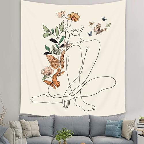 SVBright Abstract Woman Butterfly Fabric Wall Hanging Tapestry 51Wx59H Inch Minimalist Modern Flower Plant Mid Century Terracotta Aesthetic Portrait Beige Home Decor Art for Living Room Bedroom Dorm - color: Beige Woman Sitting, size: 59"L x 51"W