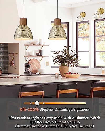 ELYONA 2 Pack Hammered Pendant Light Fixtures, 10.2" Vintage Metal Solid Wood Hanging Bar Lamp, Mid Century Antique Gold Pendant Lights for Kitchen Island, Farmhouse, Dining Room, Brushed Brass - color: Brass - 2 Pack