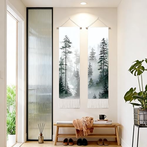 seewan 2 Pack Long Vertical Wall Tapestry, Boho Nature Landscape & Floral Aesthetic Wall Hanging for Bedroom Living Room Home Decor, Long Narrow Art Tapestry with Sunrise Mountain Botanical Designs, 13" × 51" (Foggy Pine Silhouette, 13"Wx51"H, Unframed) -