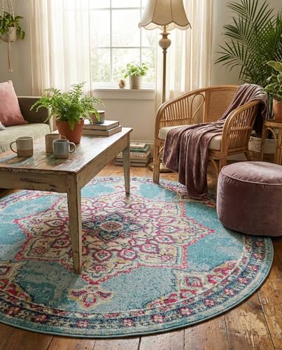 Rugs.com Fleur Collection Rug – 6' Round Light Blue Medium-Pile Rug Perfect for Kitchens, Dining Rooms - color: Light Blue 11, size: 6' (Round)