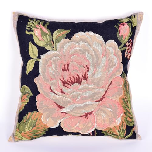 18x18 Tapestry Pillow Cover, Jacquard Woven Botanical Square Vintage Floral Large Pink Rose Decorative Throw Pillow Sham for Couch, Victorian Accent Cushion Case (Antique Rose & Charcoal Black Floral) - color: Antique Rose & Charcoal Black Floral