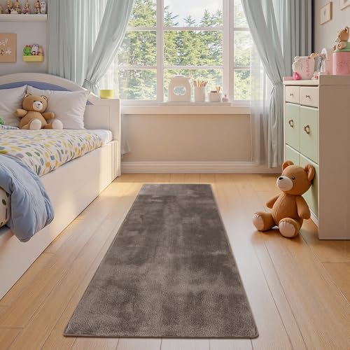 jinchan Solid Plush Runner Rug 2x6 Performance Shaggy Washable Hallway Rug Soft Modern Faux Wool Cozy Non Slip Carpet for Bedroom Laundry Room Living Room Kids Nursery Brown - color: Solid Brown, size: 2' x 6' (Runner)
