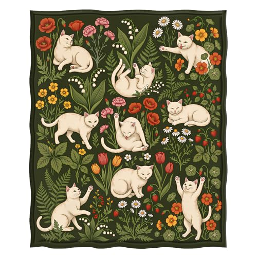 Levens Cat Floral Flannel Throw Blanket 50x60 | Ultra Soft Cozy Fleece | Vintage Botanical Cute Kitty Design for Aesthetic Room Décor Couch Bed Dorm Office Car Nap|Cottagecore Gift for Cat Lovers - color: Green, White, size: 50"x60"