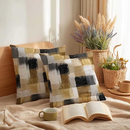 Black Gold Abstract Throw Pillow Covers 18x18 Inch, Set of 2 | Modern Geometric Brush Stroke Square Cushion Cases for Couch Sofa Bedroom | Contemporary Neutral Home Decor Pillowcases - color: Gingham Gold
