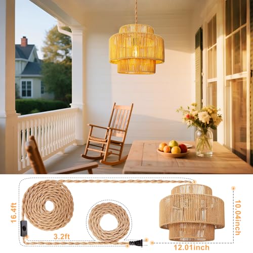 Hanging Light Ceiling Lamp Pendant Lights Rattan Hanging Lamp with Plug in Cord for Living Room Bedroom Kitchen Indoor Hanging Lamp Plug in Woven Lampshade - size: 12 Inch-Lantern Shade