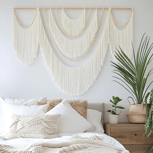 Flber Large Macrame Wall Hanging – Boho Yarn Art Garland with Tassels and Beads, Handmade Rope Decor for Nursery, Party, Wedding, Bedroom, Fireplace Mantel, or Photo Backdrop 57" W x 41" L - color: White