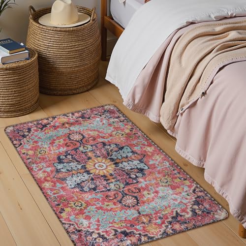 Lahome Bohemian Floral Medallion Area Rug - 2x3 Small Hot Pink Bath Rug Kitchen Sink Mat, Machine Washable Non-Slip Soft Indoor Carpet for Doormat Bedside Apartment Entrance, Fuchsia/Multi - color: Fuchsia/Multi, size: 2' x 3' (Rectangular)