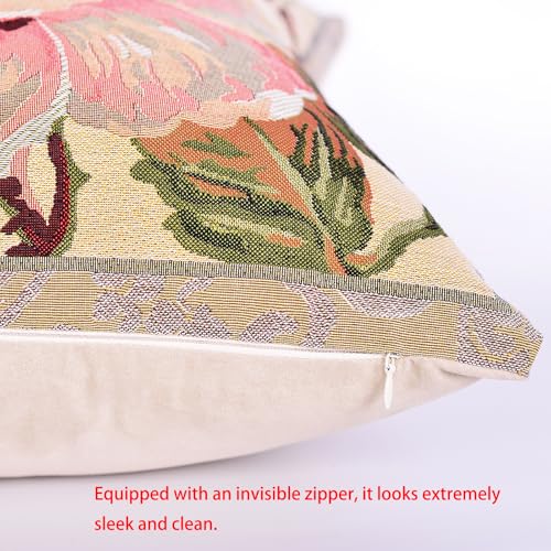18x18 Tapestry Pillow Cover, Jacquard Woven Large Pink Rose on Beige, Vintage Shabby Chic Floral Throw Pillow Sham for Couch, Victorian Accent Cushion Case, Suede Backing (Vintage Cream & Dusty Rose) - color: Vintage Cream & Dusty Rose