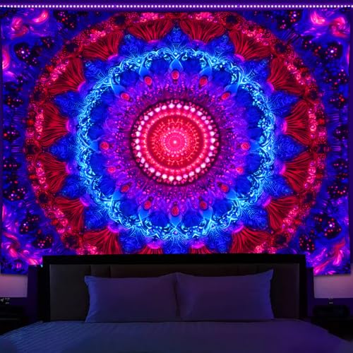Manicer Blacklight Mandala Tapestry - UV Reactive Bohemian Red Blue Purple Floral Colorful Wall Hanging, Glow in the Dark Aesthetic Boho Wall Art Decor for Bedroom, Living Room, Dorm - 51.2" x 59.1" - color: Blue