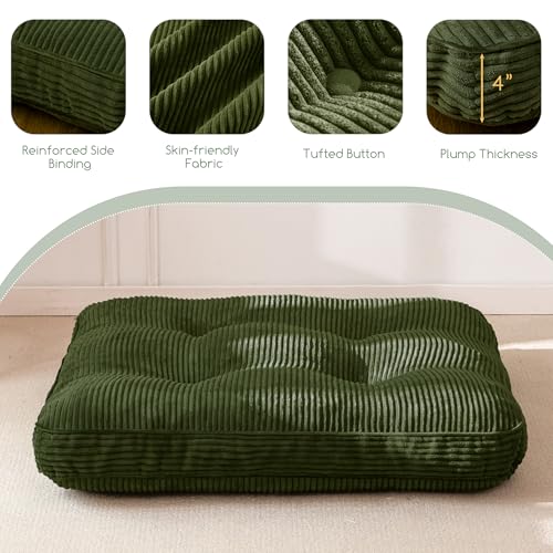 HIGOGOGO 35" Floor Pillow Cushion for Adults, Meditation Cushion Pillow, Extra Large Square Floor Sitting, Tufted Corduroy Cover for Tatami Living Room or Yoga, Dark Green - color: Dark Green, size: 4" Thick Square