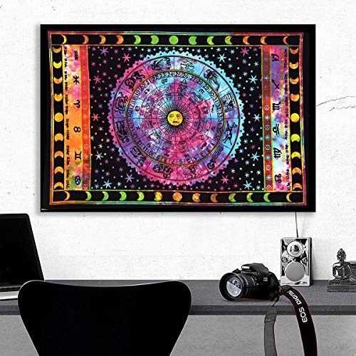 ANJANIYA Sun Moon Star Zodiac Goodluck Tarot Card Bohemian Room Dorm Decor Hippie Indian Boho Tapestry Psychedelic Mandala Wall Hanging Art Cotton Tapestries (Multi, 30"X40")