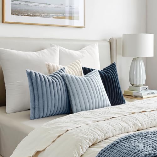 MIULEE Faux Fur Plush Decorative Throw Pillow Covers 20x20 Set of 4, Spring Modern Soft Fuzzy Coastal Striped Cushion Covers for Sofa Couch Bed Living Room Cozy Home Decor,Navy Blue - color: Navy Blue, size: 20" x 20" (Pack of 4)