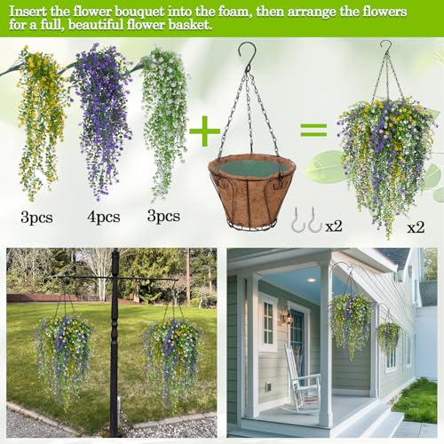 2 Set Artificial Flower Hanging Baskets for Outdoors, 20Pcs Fake Hanging Plants, Outdoor Faux Flowers UV Resistant for Spring Summer Porch Patio Garden Home Decoration (White+Purple+Yellow) - color: White+purple+yellow