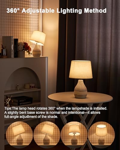 UMEXUS 13” Small Ceramic Cordless Table Lamp with Timer, Dimmer, Linen Shade, Remote Control, Rechargeable Battery Light for Patio Nightstand Kitchen Counter Living Room Side Table, Bulb Included - size: Small-13"H-Rope accent design