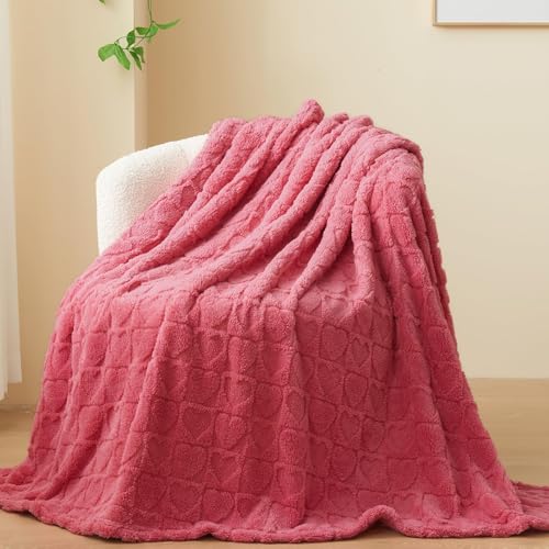 NEWCOSPLAY Super Soft Throw Blanket Coral Pink Love Premium Silky Flannel Fleece 3D Heart Checkered Lightweight Bed Blanket All Season Use (Coral Pink Love, Throw(50"x70")) - color: Coral Pink Love, size: Throw(50"x70")