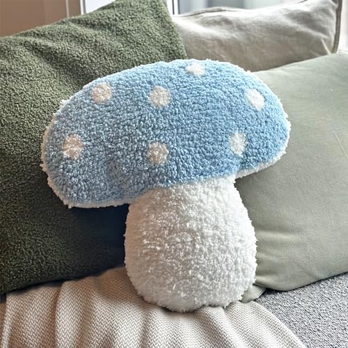 Mushroom Throw Pillow Tufted Decorative Cushion 15” x 15” – Decor for Bed, Couch, Living Room (Blue) - color: Blue