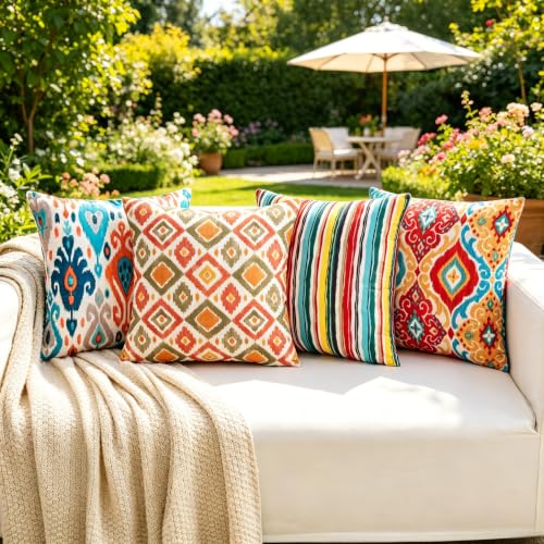 Boho Throw Pillow Covers 18x18 Set of 4 Colorful Ikat Geometric Decorative Cushion Covers with Hidden Zipper Soft Polyester Double Sided Print Machine Washable, No Inserts - color: Rainbow, size: 18" x 18" (Pack of 4)