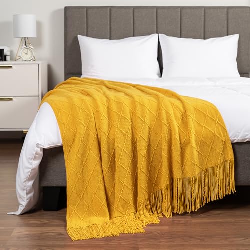 PAVILIA Mustard Yellow Knit Throw Blanket for Couch, Twin Bed, Soft Knitted Farmhouse Sofa Throw for Living Room, Lightweight Decorative Fall Blanket for Chair, Outdoor Textured Boho Blanket, 60x80 - color: Mustard Yellow, size: 60 X 80 Inches - Twin