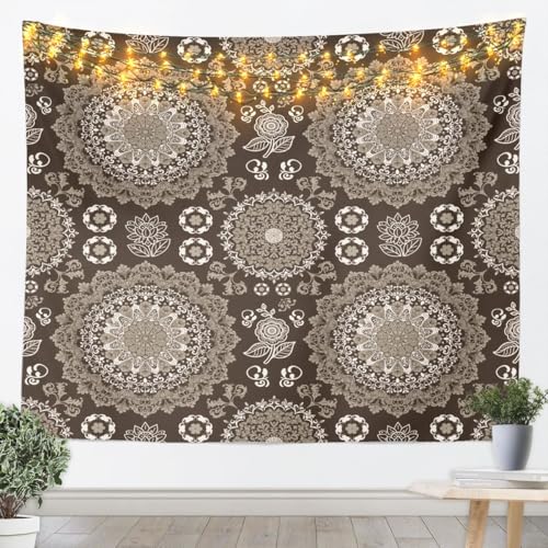 Feelyou Boho Mandala Tapestry Bohemian Style Wall Art Vintage Floral Spring Wall Hanging Blanket for Living Room Bedroom Brown Block Print Home Decor Large 59"x82" Hippie Mandala - color: Brown, size: Large