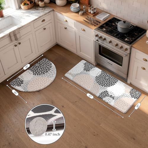 KIMODE Half Circle Kitchen Mats for Floor Cushioned Anti Fatigue,Semi Round Boho Kitchen Rug Sets of 2 Non Slip,Waterproof Memory Foam Comfort Mat Carpet Decor for Sink Laundry Bathroom,Pink - color: Pink/Grey, size: 18" x 28"+18" x 47"-0.47 inches