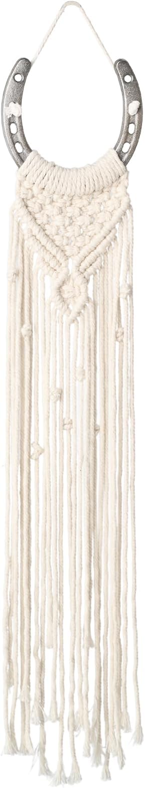 W Wellshine Macrame Equestrian Wall Hanging, Handmade Equestrian Themed Wall Art Decoration, Horseshoe Macrame Wall hanging, Boho Decor Horse Lover Décor (White B)
