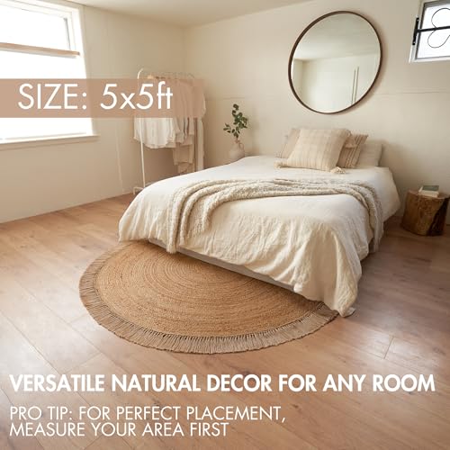KIBAGA Beautiful 5x5 ft Round Jute Area Rug for Your Home - This Natural Hand Woven Rug Fits Perfectly Into Your Entry Area, Kitchen Or Living Room - Modern Braided Circle Mat Enhances Any Boho Decor - size: 5' (Round)
