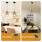 Black Farmhouse Boho Kitchen Island Pendant Light,Hand-Woven Rattan Pendant Lighting with Metal Cage Clear Glass Shade,Coastal Wicker Small Hanging Light Fixture Bedroom Dining Room Decor
